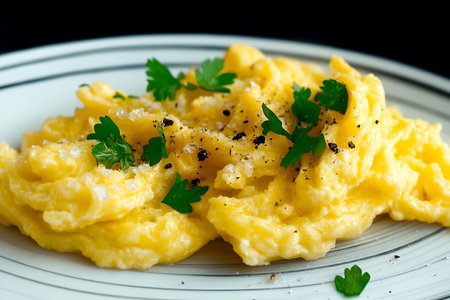 This image showcases creamy scrambled eggs delicately garnished with fresh parsley, perfect for...