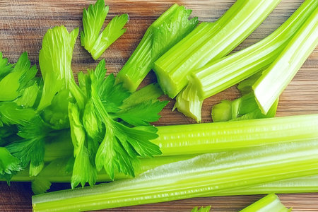 Fresh green celery sticks and bright leaves arranged on a wooden cutting board, ideal for culinary...