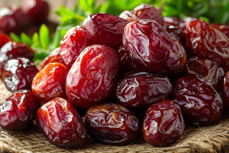 A close-up view of plump red dates resting on burlap, surrounded by vibrant green leaves, showcasing...
