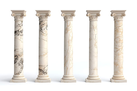 This collection of elegant marble columns showcases various designs perfect for architectural and...