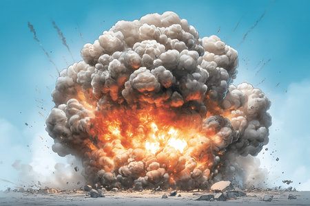 A powerful explosion creates a massive cloud of smoke and fire against a blue sky, showcasing...