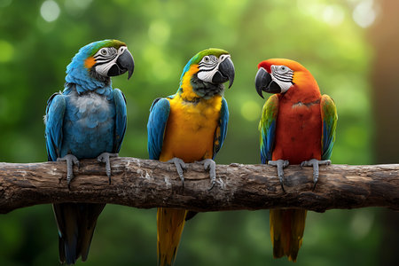 Three vibrant parrots perched on a branch in a lush tropical forest, showcasing striking colors and...
