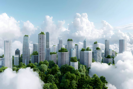 A stunning view of a futuristic urban skyline featuring skyscrapers topped with vibrant greenery,...