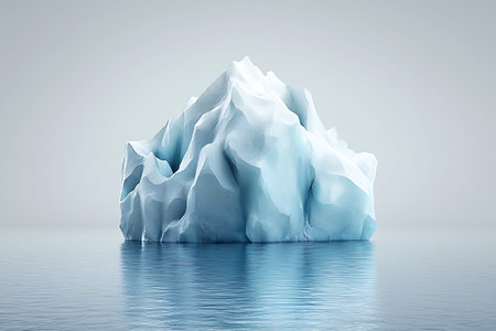 A stunning iceberg floats serenely on calm waters, showcasing intricate shapes and colors. This...