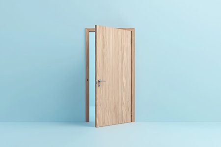 A modern open wooden door stands against a soft blue background, showcasing a minimalist design...