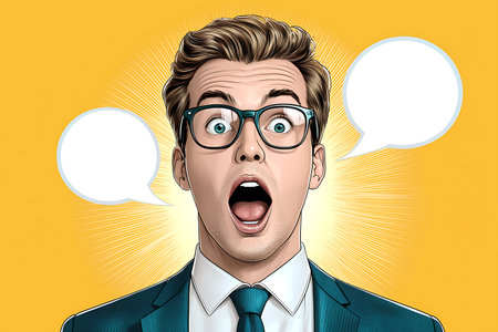 A surprised young man wearing glasses expresses shock and excitement with speech bubbles against a...