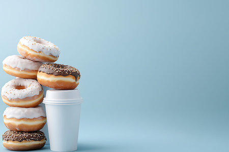 A visually appealing stack of assorted donuts next to a white coffee cup on a soft blue background....