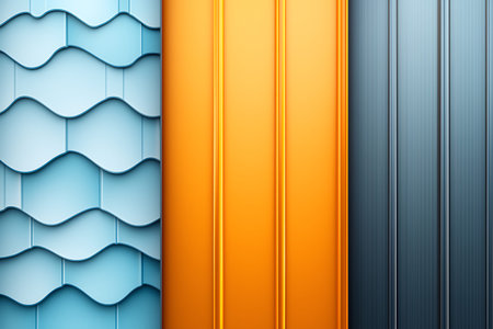 A vibrant and modern collection of textured panels featuring wavy blue, striking orange, and sleek...