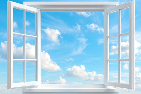 A serene view of a bright blue sky with fluffy clouds, framed by an open white window. This image...