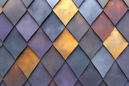 This image showcases a vibrant geometric pattern of arranged metal tiles featuring golden accents....