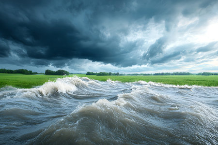 A stunning view of ocean waves crashing under a dramatic stormy sky, framed by lush green fields....