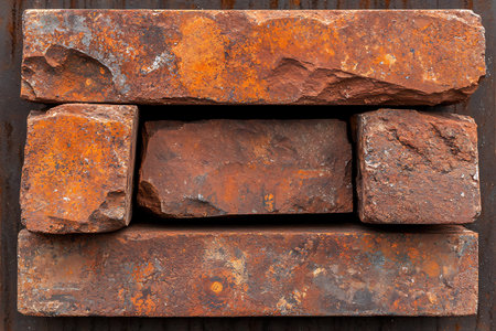 Close-up image of various weathered red bricks showcasing rust patterns and textures against a rough...