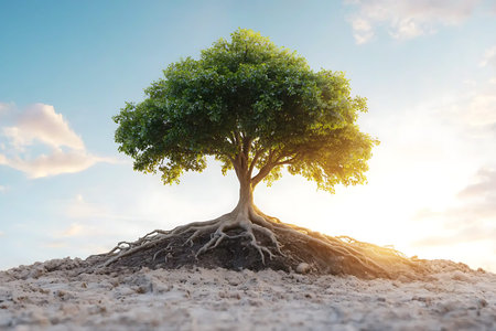 A vibrant green tree with visible roots stands prominently against a bright sky, capturing the...
