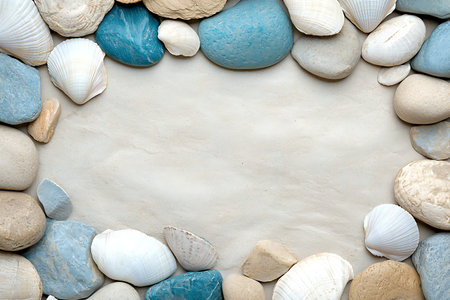 A beautiful arrangement of colorful pebbles and seashells frames a smooth sandy surface, creating a calming beach-inspired aesthetic perfect for various projects.の写真素材