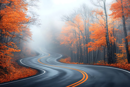 A serene winding road invites travelers through a misty forest adorned with vibrant autumn foliage....