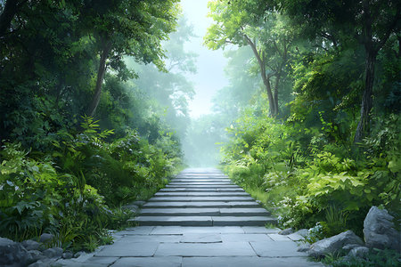 Explore a serene pathway meandering through a lush green forest enveloped in gentle mist, creating a...