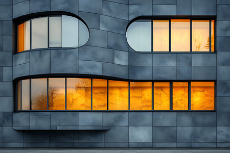 This image features a striking modern architectural facade with unique windows reflecting warm...