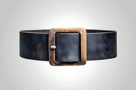 A vintage black leather belt with a distinctive square metal buckle, perfect for adding a stylish...