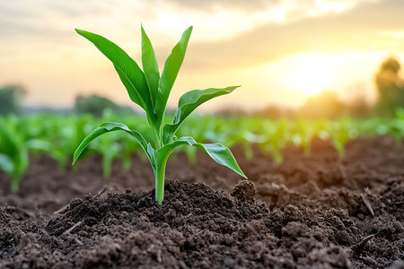 A vibrant young corn seedling emerges from rich soil, illuminated by a stunning sunset. This image...