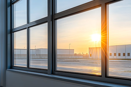 Capture a serene morning view from a modern building, showcasing the soft sunrise through expansive...