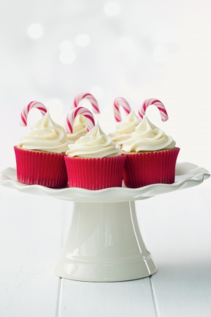 Festive cupcakes decorated with candy canesの写真素材