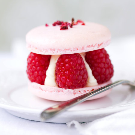 Macaron filled with fresh raspberries and creamの写真素材