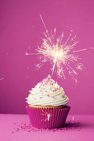 Birthday cupcake with a sparkler against a pink backgroundの写真素材