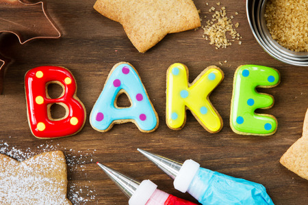 Cookies forming the word bakeの写真素材
