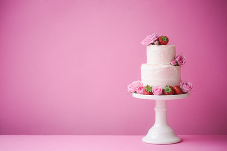 Cake decorated with fresh fruit and flowers