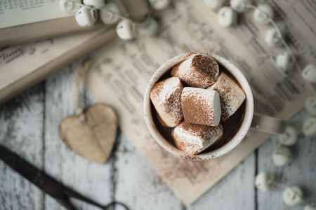 Hot chocolate and vintage Christmas wrapの写真素材