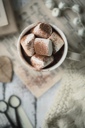 Hot chocolate and vintage Christmas wrapの写真素材