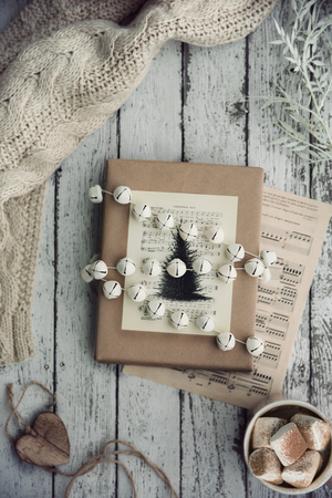 Hot chocolate and vintage Christmas wrapの写真素材