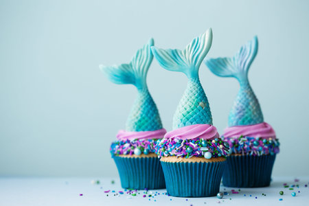 Mermaid cupcakes on a blue backgroundの写真素材
