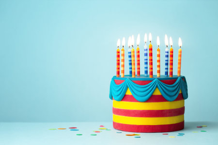 Brightly colored birthday cake with colorful candlesの写真素材