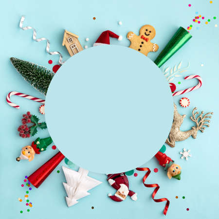 Christmas ornament flat lay on blueの写真素材