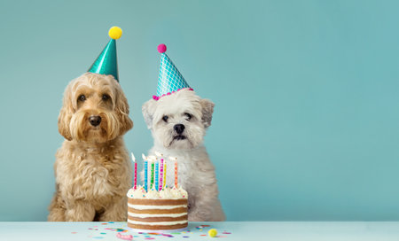 Two cute dogs with party hats and birthday cakeの写真素材