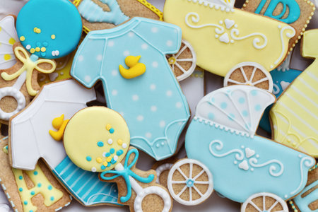 Assortment of decorated baby shower cookies, overhead viewの写真素材
