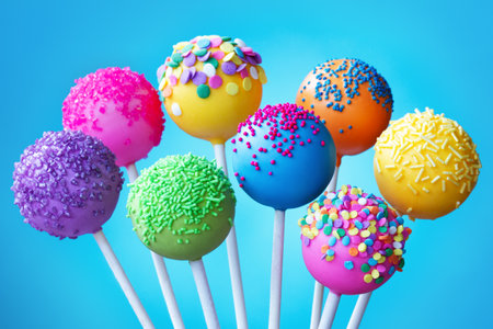 Brightly colored cake pops on a blue backgroundの写真素材