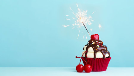 Celebration cupcake with cherry and sparklerの写真素材