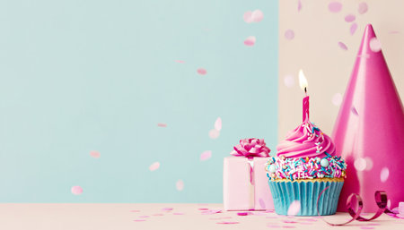 Birthday with pink birthday cupcake and candle, birthday gift and party hatの写真素材