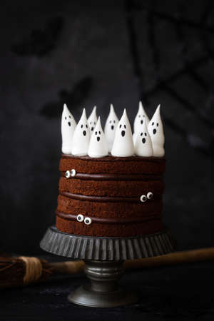 Chocolate Halloween cake with spooky meringue ghosts and candy eyesの写真素材