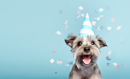 Cute happy dog celebrating at a birthday party, wearing a party hat with falling confettiの写真素材