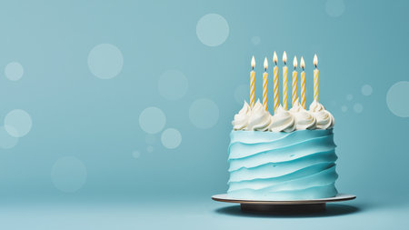 Birthday cake with blue frosting and yellow birthday candles ready for a birthday party, blue backgroundの写真素材