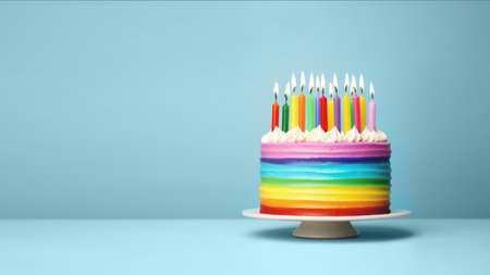 Colorful rainbow birthday cake with colorful rainbow birthday candles for a party, blue background with copy spaceの写真素材