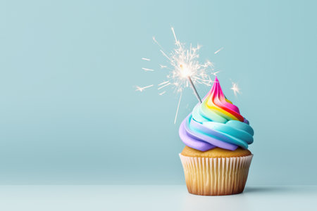 Birthday cupcake with colorful rainbow frosting and celebration sparkler for a birthday party, plain blue background with copy space to sideの写真素材