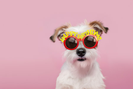 Cute scruffy dog wearing happy birthday glasses at a birthday partyの写真素材