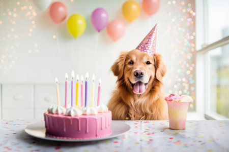 Happy dog at birthday party celebrating with birthday cake and party balloonsの写真素材