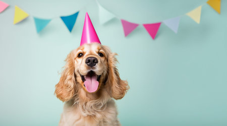 Happy cocker spaniel wearing a party hat, celebrating at a birthday party with colorful bunting in the backgroundの写真素材