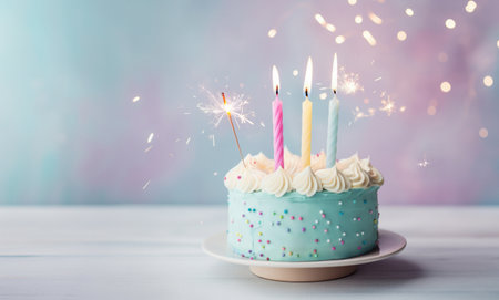 Pastel birthday cake with three birthday candles and sparklerの写真素材