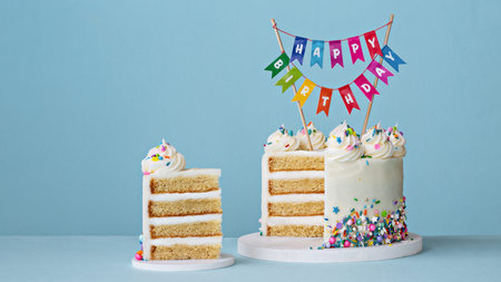 Birthday cake with slice removed and banner reading happy birthday